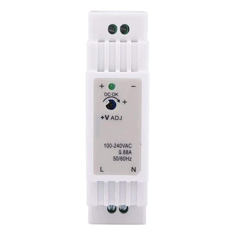 Slick Compact Din Rail Switching Power Supply with LED status, DC adjustment, and ventilation for PLC systems.