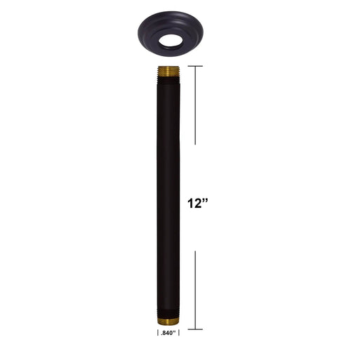 One Half Inch IPS To Twelve Inch Ceiling Mounted Shower Arm With Flange Matte Black Finish Solid Brass Construction Lead Free Premium Flange Ideal For Modern Bathrooms showing 12-inch length with detached flange.