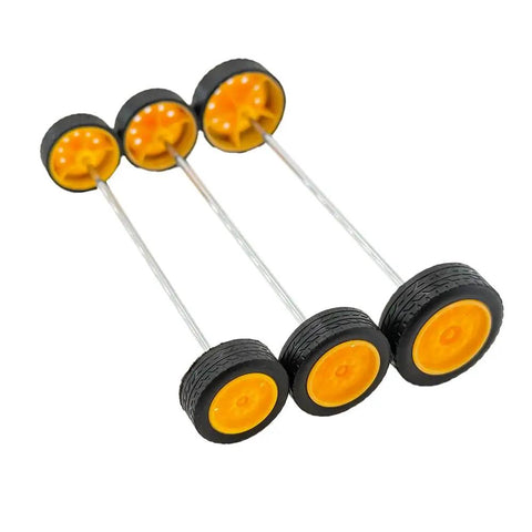 30 Piece Rubber Wheel Set With 15 Round Rod Shafts For RC Cars Trucks Helicopters Planes And Robots DIY Model Building Parts Includes 2x21mm 2x23mm And 2x27mm Wheels And 100mm Shafts, black and yellow wheels on metal shafts.