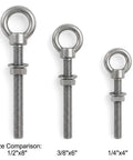 Next Level 3 8 By 6 Inch 304 Stainless Steel Shoulder Eye Bolts 10 Pack full machine thread size comparison image with nuts.