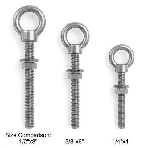 Next Level 3 8 By 6 Inch 304 Stainless Steel Shoulder Eye Bolts 10 Pack full machine thread size comparison image with nuts.
