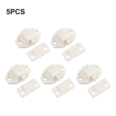 Image of Five Pack Door Roller Catch Kit with Loaded ABS Rollers, white latches for kitchen cabinets, 35mm x 21mm size.