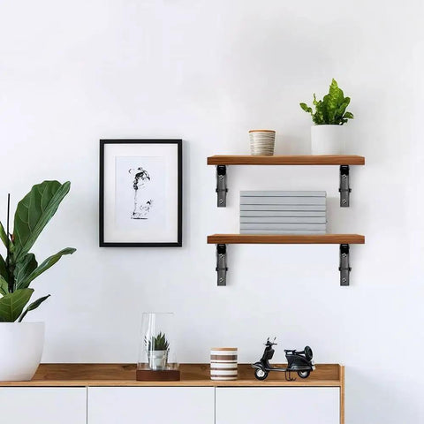 Heavy Duty Collapsible Shelf Brackets Set 2 Pack Wall Mount Holds Up To 90Kg Stainless Steel Folding Shelf Brackets with plants and books