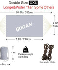 Diagram of extra large two person hammock, 330 by 150 cm, showing dimensions, carry bag, and ropes included.
