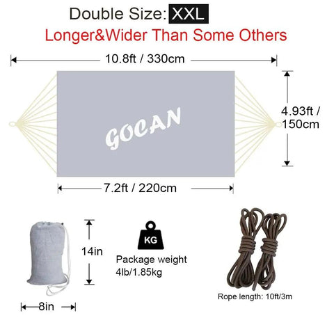 Diagram of extra large two person hammock, 330 by 150 cm, showing dimensions, carry bag, and ropes included.