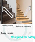 Images of Slick Flip Up U Shaped Stair Handrail Wall Mount Railing For Steps with Beefy Folding Grab Bar and Armrest in two installations.