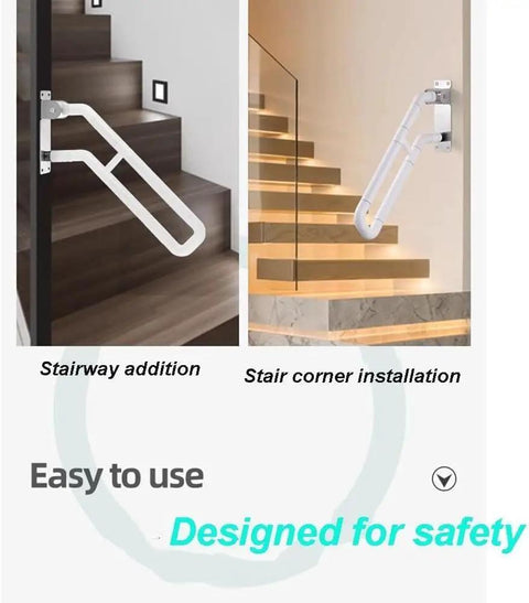 Images of Slick Flip Up U Shaped Stair Handrail Wall Mount Railing For Steps with Beefy Folding Grab Bar and Armrest in two installations.