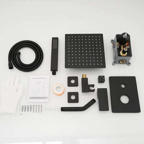 Heavy Duty Matte Black Shower Faucet Set With Swanky Rain Shower System And High Pressure Handheld Square Shower Head Wall Mounted Bathroom Combo Kit Built Straight Up Solid To Guarantee Zero Sweat And Smooth Shower Sessions For Years