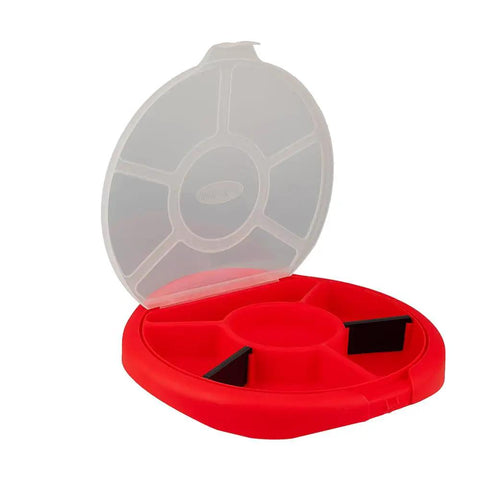 Bucket Seat Small Parts Organizer For 5 Gallon Buckets With Locking Lid, 6 Compartments, open red plastic construction