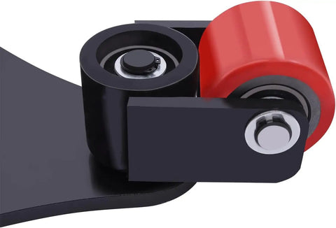 Close-up of 360 swivel PU caster wheel on heavy duty machinery skate with carbon steel frame for easy movement.