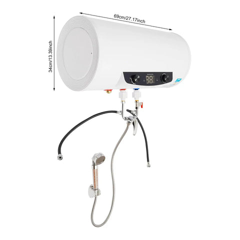 No Hassle 13 Gallon Electric Water Heater 1500 Watt 110 Volt Reliable Storage Tank mounted on wall with faucet