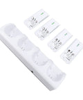 Four In One Remote Battery Charging Dock With LED Indicators Includes Four 2800mAh High Capacity Rechargeable AA Batteries USB Powered Charging Station For Game Console Remotes Sleek White Finish Quick Charge And Easy Setup with slots and batteries