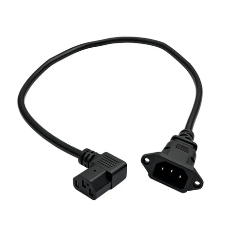 IEC C14 To C13 Power Extension Cable, Right Angle C90 Design, 60 Cm Panel Mount Cord with solid copper core for tight spaces.
