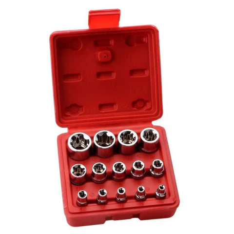14-Piece Female E-Star Socket Set E4 To E24 Drive With External Hex Sleeve Kit in red case, showing sockets and storage slots