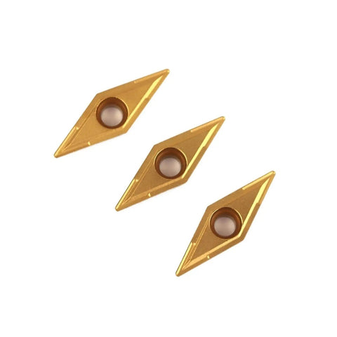 High Performance 10 Pcs VCMT110304 Carbide Turning Inserts For Stainless Steel CNC Lathe With Epic Wear Resistance And Sweet Cutting Results in gold color, sharp design.