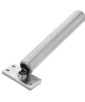 Badass Heavy Duty Adjustable Door Closer With Rock Solid Spring Pole Latch hinge close-up, silver metal construction for durability.
