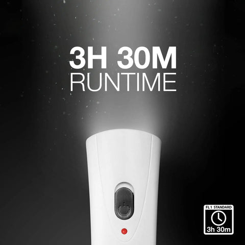 Auto On LED Flashlights Rechargeable For Home Power Outages showing 3h 30m runtime with white design and easy-to-use button