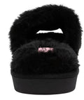 Women's Buttery Soft Faux Fur Slide Slippers Featuring Open Toe Fuzzy House Shoes With Sparkly Rhinestone Script Detail Dark Leopard Print For Total Homebody Chill Vibes Small Fit, front view, black plush material.