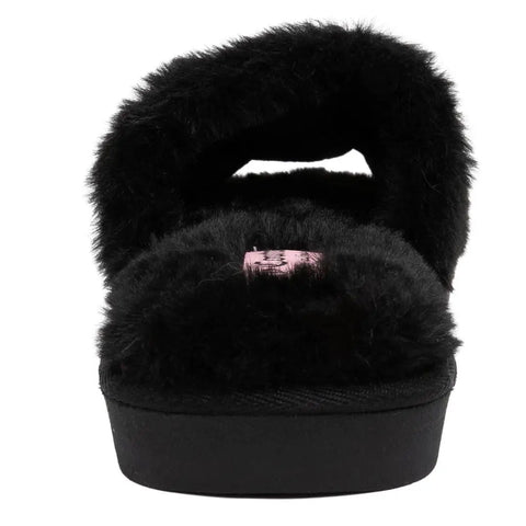 Women's Buttery Soft Faux Fur Slide Slippers Featuring Open Toe Fuzzy House Shoes With Sparkly Rhinestone Script Detail Dark Leopard Print For Total Homebody Chill Vibes Small Fit, front view, black plush material.