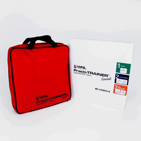 AED training kit with red zippered case and white Practi-Trainer Essentials box (WL120ES10, 4-pack).