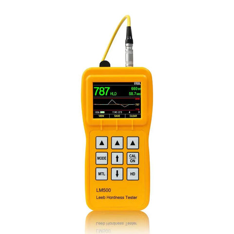 Portable Digital Leeb Hardness Tester For Metals Pro Grade Metal Hardness Testing Device With Leeb Rebound Technology Wide Material Compatibility From Steel And Cast Iron To Aluminum And Copper Lightweight Field Ready LM500 front view with probe