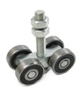 Heavy Duty Sliding Door Hanging Wheel Set For Industrial Warehouse And Plant Use, Orbital Track Bearing For 300 To 400 Kg Doors, Industrial Grade Hanging Pulley Wheel, 2 Pieces, showing four-wheel assembly with metal bolt on white background.