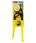 Yellow packaging of Water Pump Pliers With Soft Resin Jaws And Built In Spring 12 Inch Adjustable Pliers visible in front view.