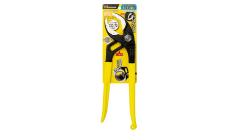 Yellow packaging of Water Pump Pliers With Soft Resin Jaws And Built In Spring 12 Inch Adjustable Pliers visible in front view.