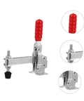 2 Piece Hand Toggle Clamps Set Fixed Welding Clamps With Rubber Tips And Quick Release For Woodworking Jigs And Fixtures Ergonomic Grip For Repetitive Tasks Built Tough Iron, showcasing ergonomic red handle and rubber tipped end for protection.