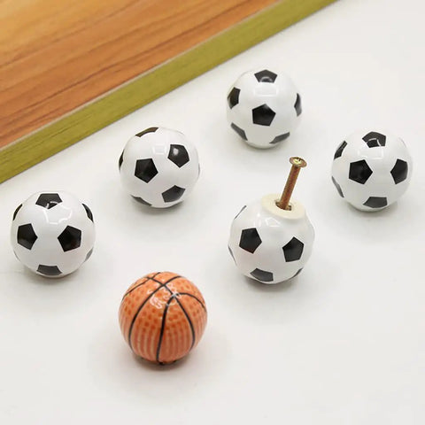 Solid Ceramic Soccer Knobs Four Pack Football Drawer Handles For Kids Bedroom And Man Cave Sports Decor Dresser Cabinet Pulls Easy Install, six ceramic knobs with soccer designs.