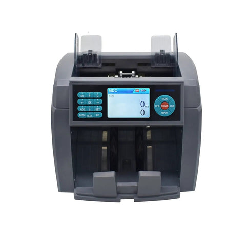 Pro Multi Currency Money Counter Machine With Anti Counterfeit Bill Detector And Built In Display Printer For Swift Cash Sorting Across Global Denominations shown from the front with a digital display and control panel.