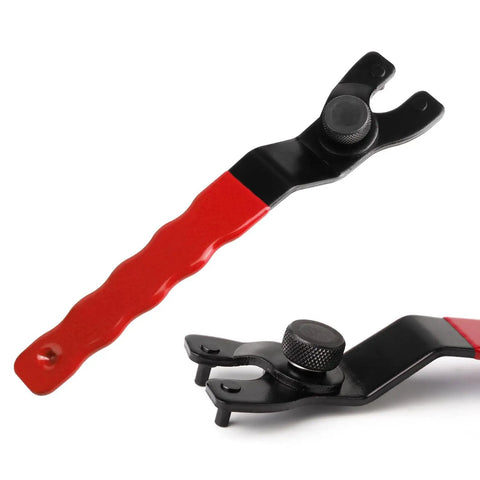 Adjustable Pin Wrench For Angle Grinders Grinder Spanner Tool For Lock Nuts And Abrasive Discs Durable Chisel Tool Steel Seven And A Quarter Inches Long One And A Half Inches Wide Adjustable From One Half Inch To One And A Quarter Inch Red front and side view