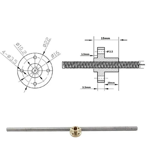 8mm T8 Threaded Trapezoidal Lead Screw For 3D Printers, Stainless Steel, 1mm Or 2mm Pitch, Lead Options From 1mm To 20mm, Lengths 100mm To 550mm, Includes T Shape Design, Pro Grade For Precision Motion And Smooth Travel. Dimensioned T8 lead screw with T-nut and thread profile