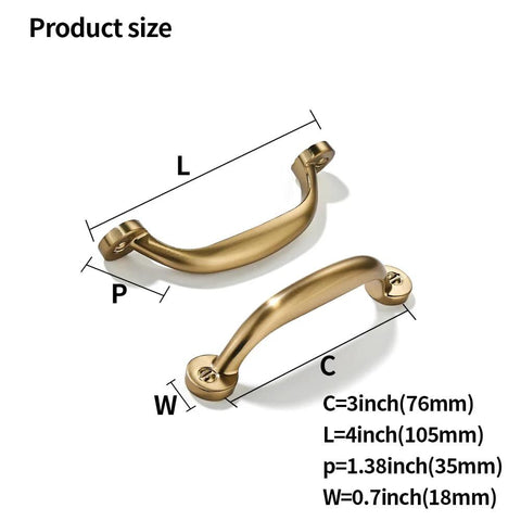 Dimensions for 3 Inch Hole Center Brushed Brass Cabinet Pulls 10 Pack, showing length and width specifications.