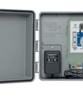 Outdoor Sprinkler Controller Cabinet With GFCI Weatherproof ABS Box open showing indoor controller integration