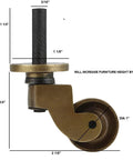 Side view of heavy duty brass stem caster with antique brass finish, 1 inch wheel, for hardwood floors, threaded stem visible.