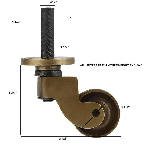 Side view of heavy duty brass stem caster with antique brass finish, 1 inch wheel, for hardwood floors, threaded stem visible.
