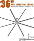 Kick Heat To The Curb With This Heavy Duty Industrial Ceiling Fan Featuring Eight Tough Blades And Massive Sweep For Warehouses Factories And Gyms 110V Shop Floor Chill 236-inch HVLS fan with gray blades and central motor.