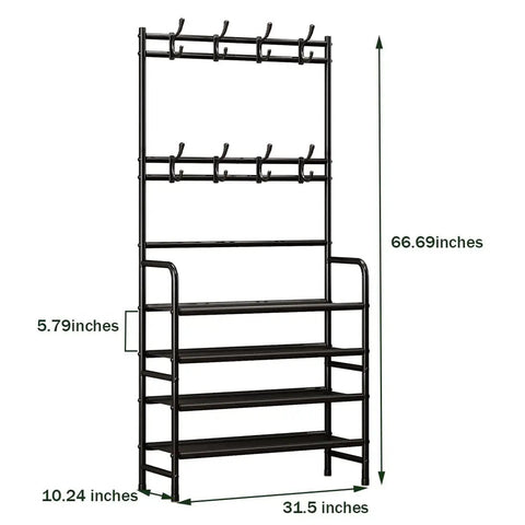 Freestanding Coat Rack And Shoe Organizer With Storage Shelf 4 Tier And 8 Hooks Black Steel For Entryway Bedroom Closet Or Dorm Durable Metal Construction