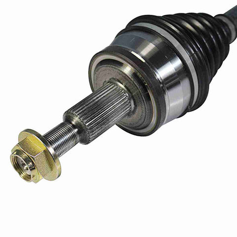 Right Rear Passenger Side CV Axle Shaft Assembly close-up showing spline, nut, and boot for smooth operation.