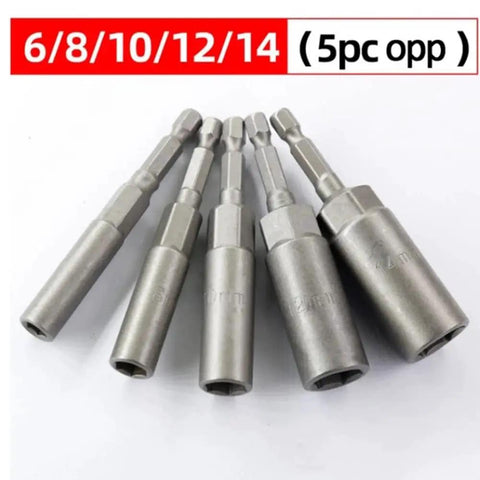 Heavy Duty Hex Socket Adapter Set Includes 5pc Magnetic Impact Drill Bits In 6mm 8mm 10mm 12mm And 14mm Sizes For Pneumatic Screwdrivers Built Tough With Chrome Vanadium Steel To Hold Up Under Hard Use Without Ripping Or Wearing Out. 5pc chrome vanadium magnetic hex adapter set, 6/8/10/12/14mm