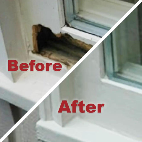 Before and after of window sill restored using Wood Repair Epoxy Paste And Wood Hardener Kit DIY Friendly with 24 oz Woody Paste and 32 oz Petrifier