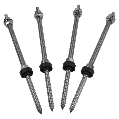 Top Shelf M10 Hanger Bolts With Epdm Seal And Secure Locking Nut For Straight Forward Solar Pv Roof Mounts Premium Stainless Steel Fasteners Tailored For Aluminum Rails Built Tough In A Four Pack, showing four stainless steel bolts with EPDM seals.