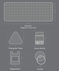 Diagram of 64 In 1 Mini Electric Screwdriver Kit components: magnetic screw pad, triangular piece, screw bottle, magnetizer, sucker.