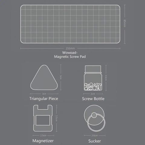 Diagram of 64 In 1 Mini Electric Screwdriver Kit components: magnetic screw pad, triangular piece, screw bottle, magnetizer, sucker.