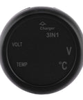 Black round car voltmeter with 3-in-1 display showing volt and temp (V, °C); cigarette-lighter powered