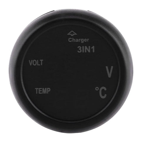 Black round car voltmeter with 3-in-1 display showing volt and temp (V, °C); cigarette-lighter powered