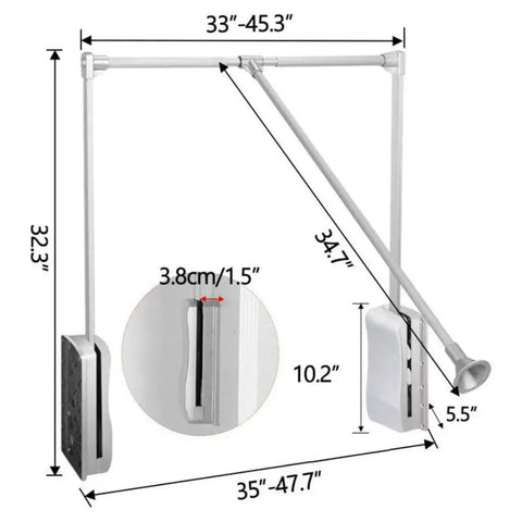 Adjustable Pull Down Closet Rod 35 to 48 Inches, side view with dimensions, heavy duty aluminum, smooth glide side mounted lift rail.