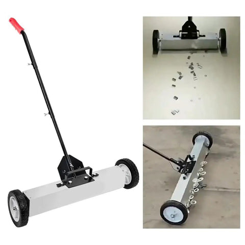 Heavy Duty Metal Sweeper Cart For Garage Pickup. 24 Inch Wide Steel Broom With Adjustable Handle. Perfect For Picking Up Nails, Screws And Shop Trash In Automotive Repair Shops Or Workshops. Easy To Use And Efficient.