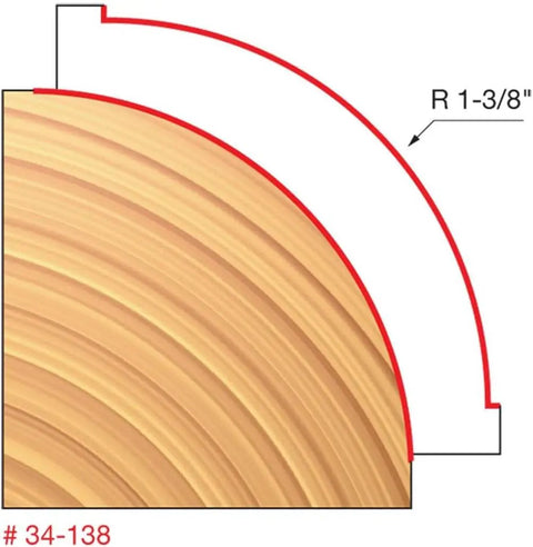 Diagram showing 1-3/8 inch radius for One Three Eighths Inch Radius Rounding Over Bit With Half Inch Shank For Molding Doors And Drawers